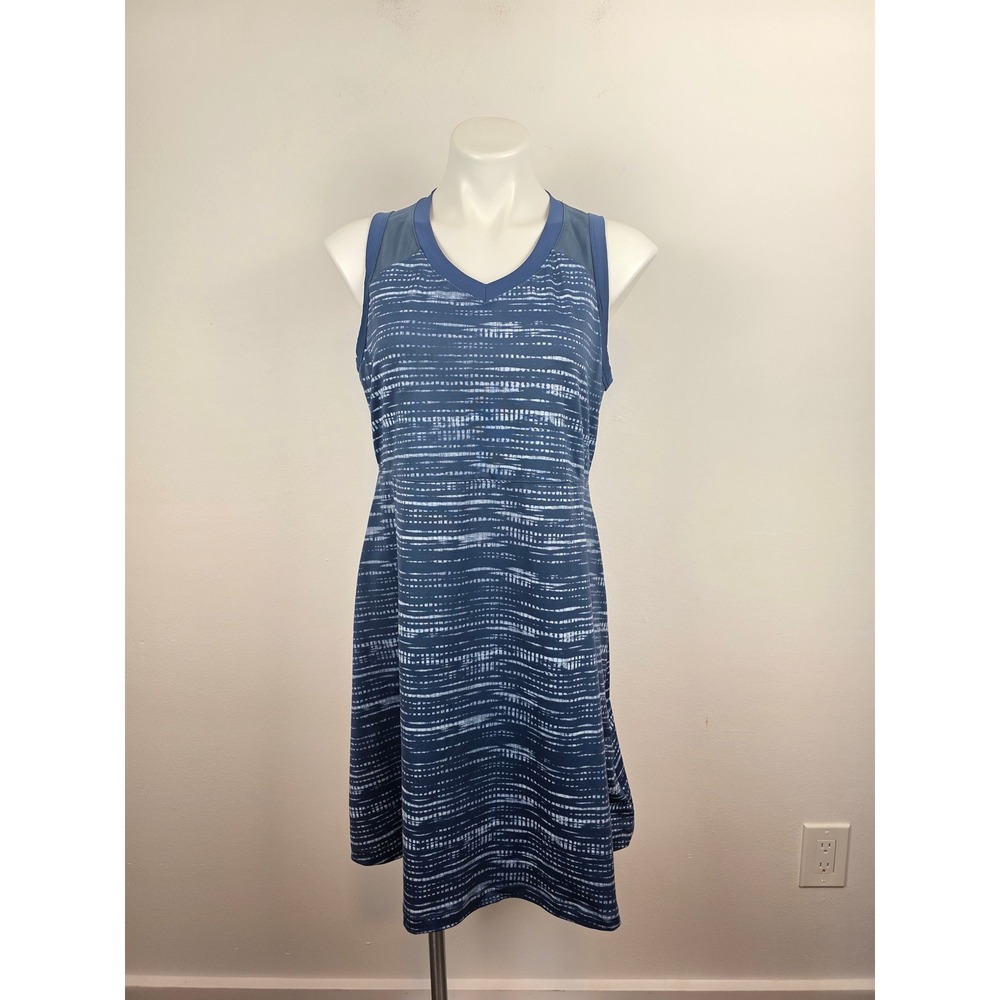 Title Nine Blue Dash Print Active Dress V-Neck Mesh Shelf Bra Pockets Large